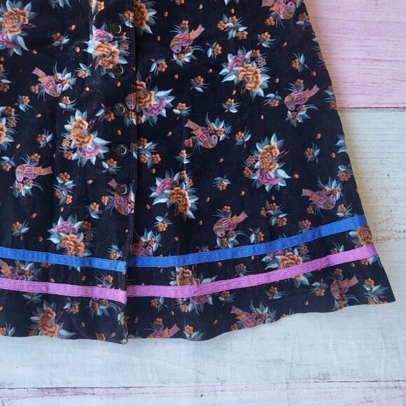 Vintage Black Floral & Bird Velvet High Waist Button Front Boho‎ Midi Skirt XS/S - Picture 3 of 5
